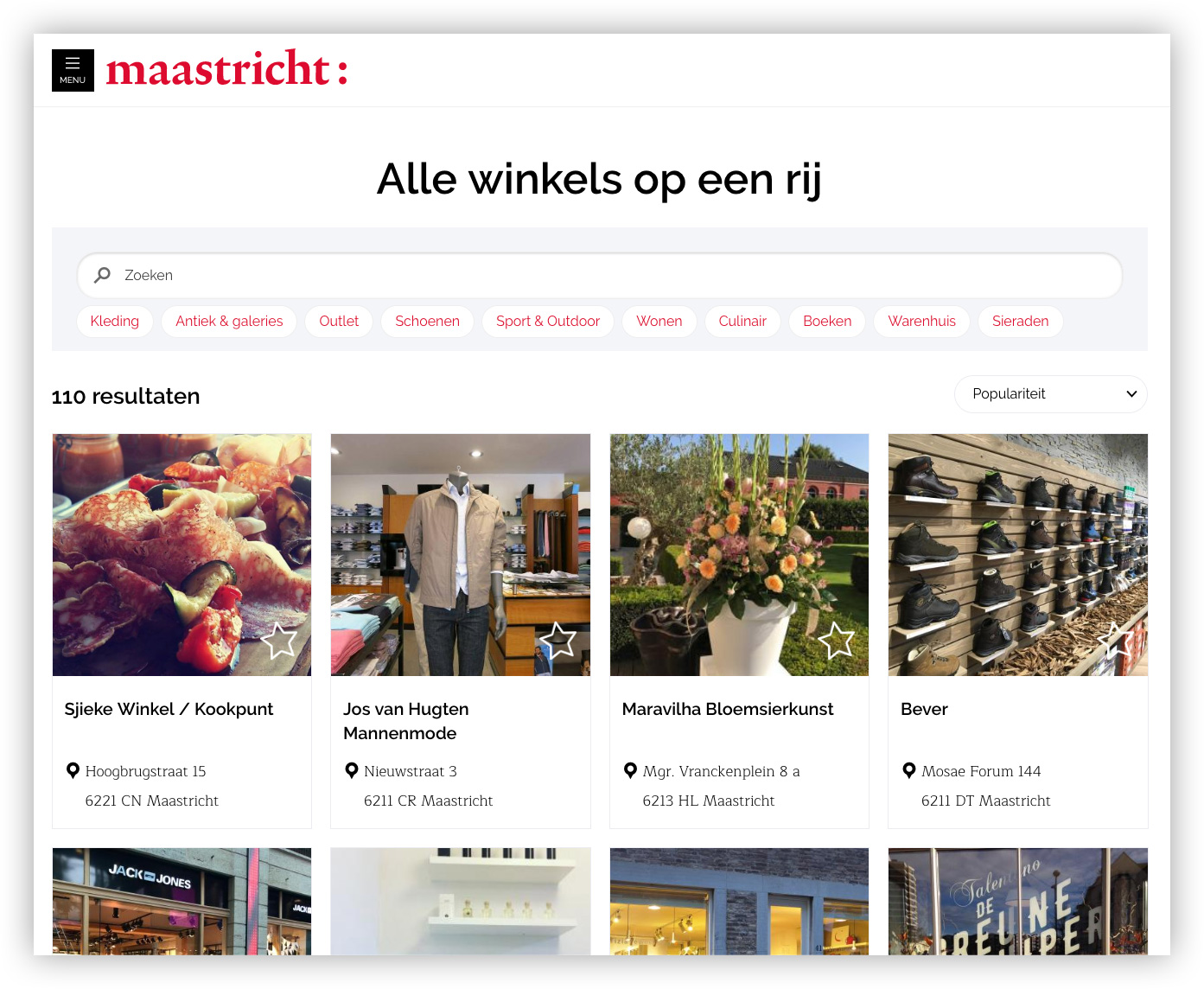 Webpagina met overzicht van winkels in Maastricht met filteropties