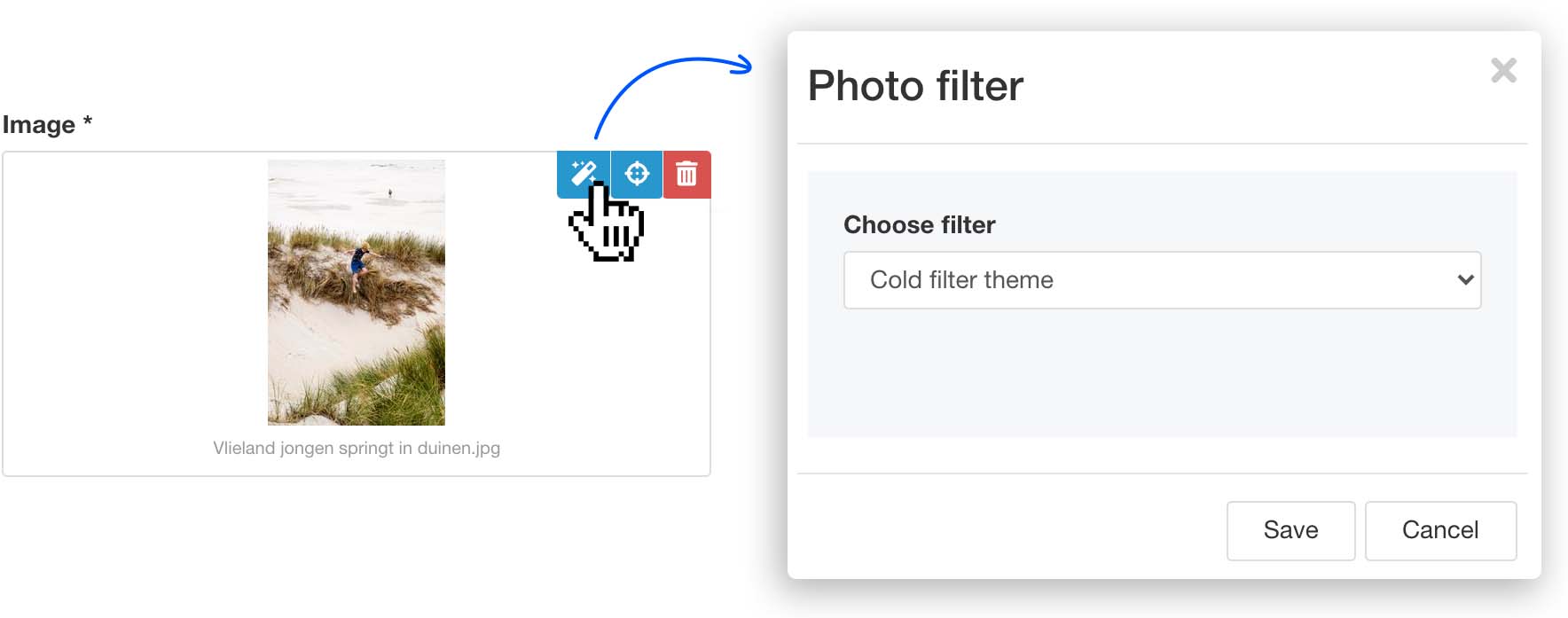 Screenshot van CMS interface voor het kiezen van een fotofilter
