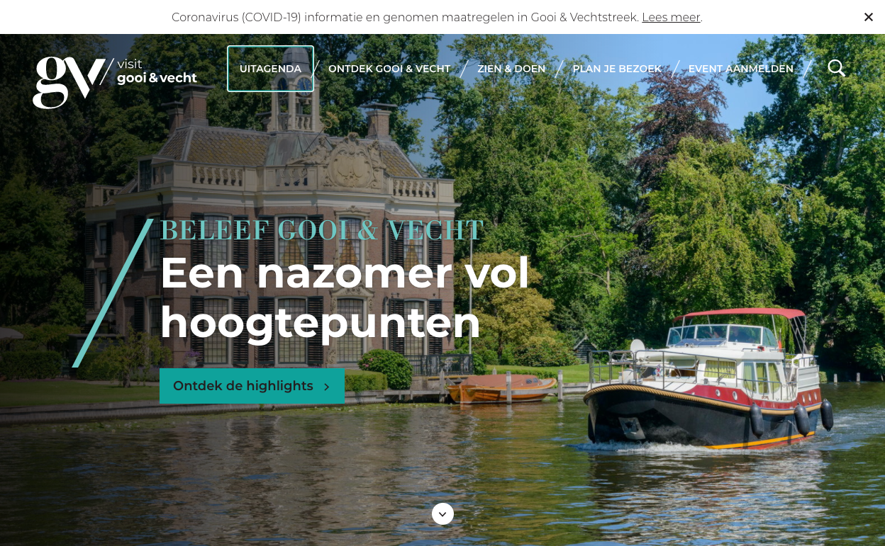 Voorbeeld van de website visitgooivecht.nl met een goede zichtbare focus op het geselecteerde navigatie element.