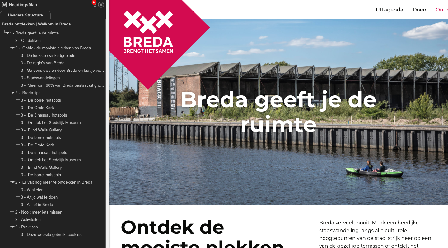 Voorbeeld van de website welkominbreda.nl met een overzicht van alle koppen en subkoppen.